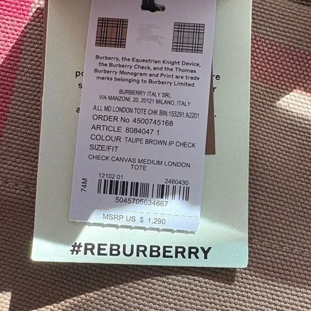 Burberry Checkered Tote Bag NWT MediumTaupe Brown Check $1690 - Picture 5 of 11